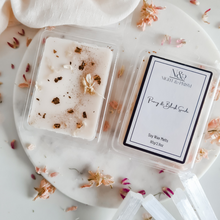 Load image into Gallery viewer, PEONY & BLUSH SUEDE | Preserved Pink Delphiniums & 24k Gold Leaf Infused Wax Melts