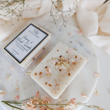 Load image into Gallery viewer, PEONY & BLUSH SUEDE | Preserved Pink Delphiniums & 24k Gold Leaf Infused Wax Melts
