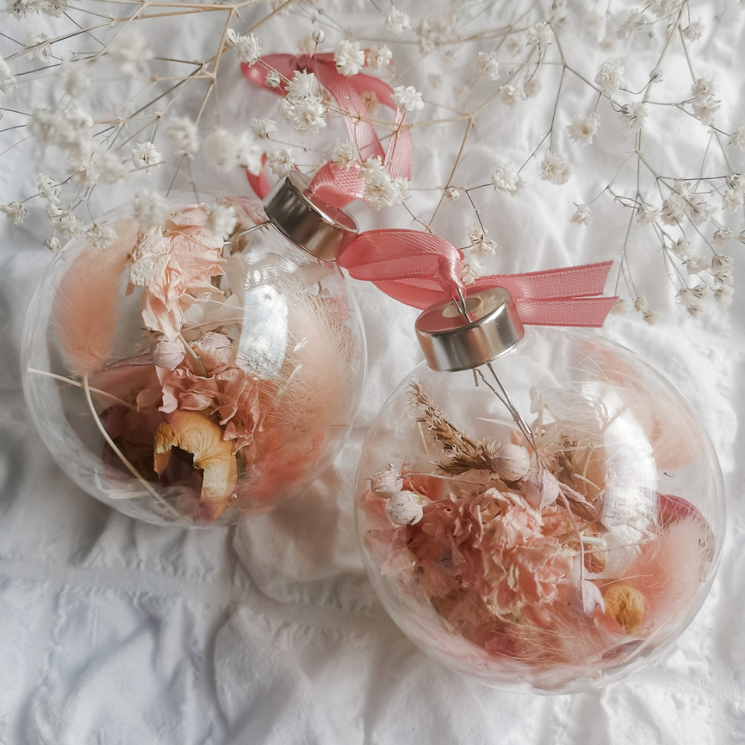 PINK | Dried Flower Glass Baubles | Pair